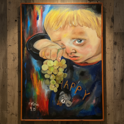 Original Oil Painting Child with Grapes 