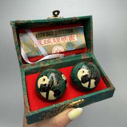 Vintage Chinese Baoding Balls Panda Bamboo Enamel Steel Set Box Asian Decor
