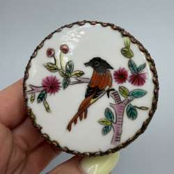 Vintage Cloisonne Enamel Powder Box Bird Floral Copper Vanity Trinket Box