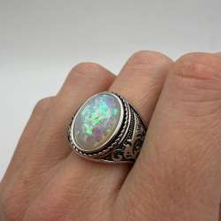 Vintage Opal Ring 925 Sterling Silver Unisex Statement Ring Fire Opal Jewelry