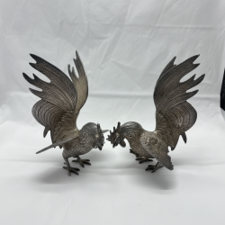 Pair Silver Tone Metal Rooster Statues Fighting Gamecocks Sculpture Detailed