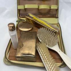 Vintage Men's Gold Finish Grooming Travel Toiletry Set Leather Case Germany