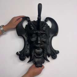 Vintage Carved Grotesque Mask Wall Hook | Mythical Horned Face Dark Wood Entrywa