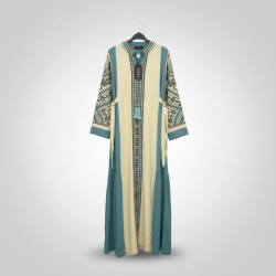 Women's Embroidered Maxi Kaftan Dress Elegant Long Sleeve Bohemian Modest Teal Y