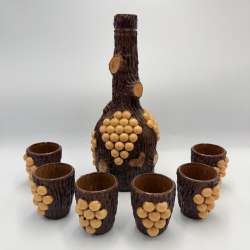 Vintage Soviet Decanter Set with 6 Shot Glasses Bark Grape Barware Rustic Decor