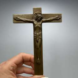 Vintage Bronze Crucifix Wall Cross Art Deco Jesus Christ Religious Hanging Decor