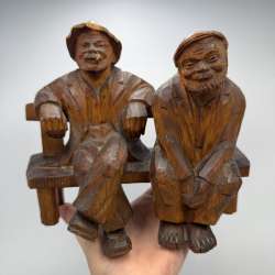 Vintage Hand Carved Wooden Old Friends Sculpture German Bavarian Folk Art Figure