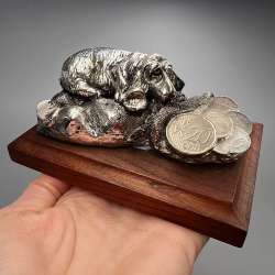 Vintage Silver Plated Dog Figurine Coin Holder Wooden Base Vintage Decor Gift