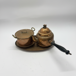 Vintage Copper Tea Coffee Set w/ Wood Handle Kettle Lidded Pot Tray Rustic Decor