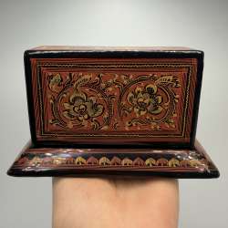 Vintage Lacquer Desk Organizer Box Black Hand Painted Card Holder Trinket Box