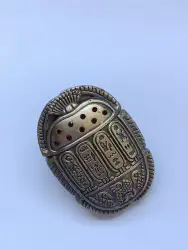 Vintage Egyptian Scarab Brooch Clip with Hieroglyphs & Red Stones Collectible