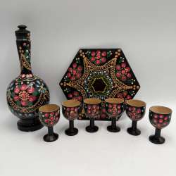 Vintage Hand Painted Wooden Decanter Set & 6 Goblets Tray USSR Folk Art Barware