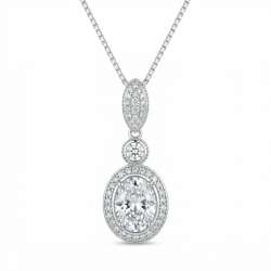925 Sterling Silver Elegant Sterling Silver Oval Halo Triple-Drop Pendant Neckla