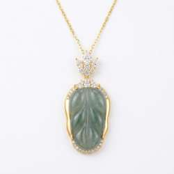 925 Sterling Silver Elegant Leaf-Shaped Green Jadeite Pendant Necklace
