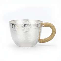 925 Sterling Silver Handcrafted Hammered Silver Mug with Woven Rattan Handle - H