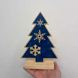 Handcrafted Pine Wooden Christmas Tree with Blue Resin Inlay