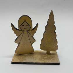 Handcrafted Poplar Wooden Angel and Christmas Tree Tabletop Decor
