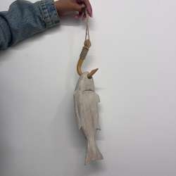 Hand-Carved Nautical Cypress Wooden Fish on Jute Hook Wall Hanging
