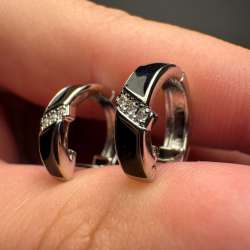 925 Sterling Silver Black Enamel Hoop Earrings CZ Women Small Huggie