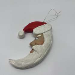 Hand-Carved Folk Art Santa Crescent Moon Wooden Ornament
