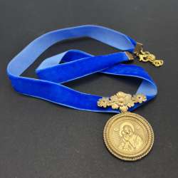 Traditional Ukrainian Dukach Brass Religious Pendant Blue Ribbon Necklace