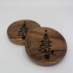Engraved Walnut Wood Christmas Tree Coffee Coaster Set