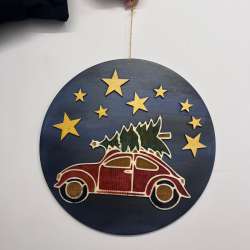 Vintage Red Car & Christmas Tree Wooden Wall Plaque