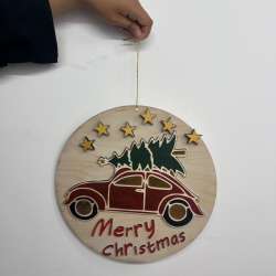 Vintage Red Beetle & Christmas Tree Wooden Wall Plaque