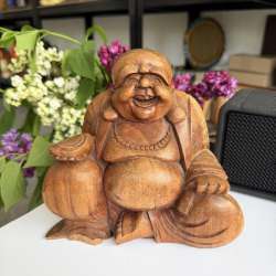 Vintage Hand Carved Wooden Lucky Buddha Hotei Statue Feng Shui Happiness Figure