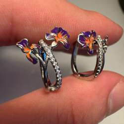 925 Sterling Silver Purple Flower Hoop Earrings CZ Enamel Floral Dangle Gift for