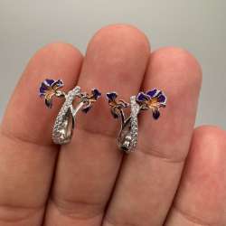 925 Sterling Silver Purple Flower Hoop Earrings CZ Enamel Floral Dangle Gift for