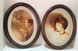 Hand Painting on Canvas Vintage Antique Set 2 Signed Oval Plate Frame Wood 18