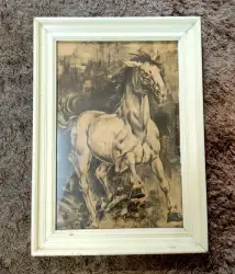 Hand Painted Impressionist Horse Painting On Paper Wall Vintage Art Frame Wood