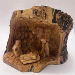 Hand-Carved Olive Wood Grotto Nativity Scene with Natural Bark Edge