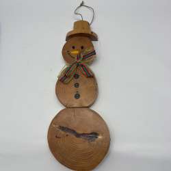 Rustic Log Slice Snowman Wall Hanging with Festive Ribbon