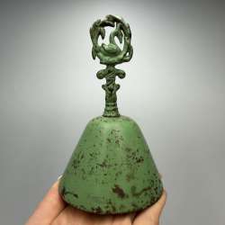 Vintage Indian Metal Hand Bell Swan Bird Handle Green Patina Decorative Bell