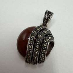 Vintage 925 Sterling Silver Carnelian Marcasite Pendant Art Deco