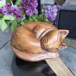 Vintage Hand Carved Wooden Sleeping Cat Figurine Rustic Folk Art Cat Sculpture