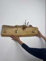 Rustic Deer Antler Wood Wall Hanger Coat Rack Handmade Pine Woodland Cabin Decor