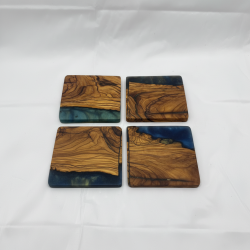 Handmade Olive Wood & Blue Epoxy Resin Coaster Set | Unique Modern Drink Coaster
