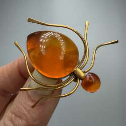 Vintage Amber Spider Brooch 1970s Baltic Honey Amber Gilded Brass Pin Jewelry