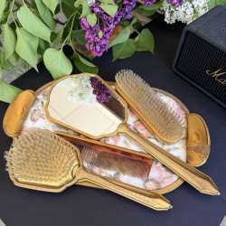Vintage Gold Floral Vanity Set Mirror Brushes Comb Tray Hollywood Regency Decor