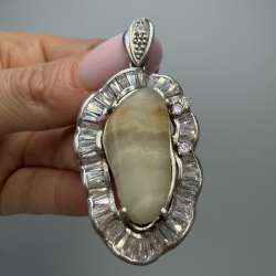 Vintage 925 Sterling Silver Agate CZ Pendant Large Statement Jewelry 17.8g