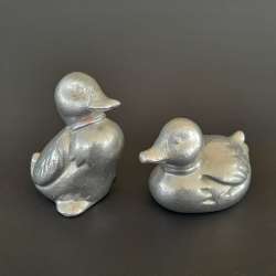 Vintage Cast Iron Duck Figurines Pair Silver Metal Bird Home Decor Collectibles