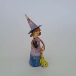 Vintage Ceramic Witch Figurine Handmade Halloween Decor Unique Mini Statue Broom