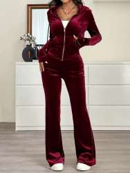 Women Velvet Zip Hoodie Flare Pants Set Burgundy