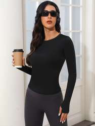 Women Long Sleeve Thumb Hole Top Slim Fit Casual Shirt Black
