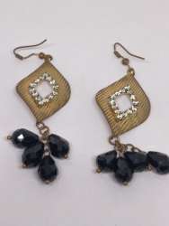 Vintage Gold Tone Earrings with Black Beads & Rhinestone Dangles – Elegant Retro
