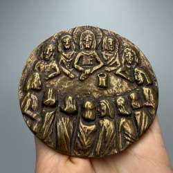 Vintage German Bronze Last Supper Relief Plaque Christian Modernist Medallion