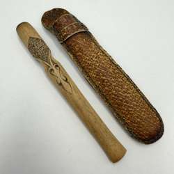 Vintage Pipe Hutsul Carved Wooden Holder With Leather Case Ukrainian Folk Art